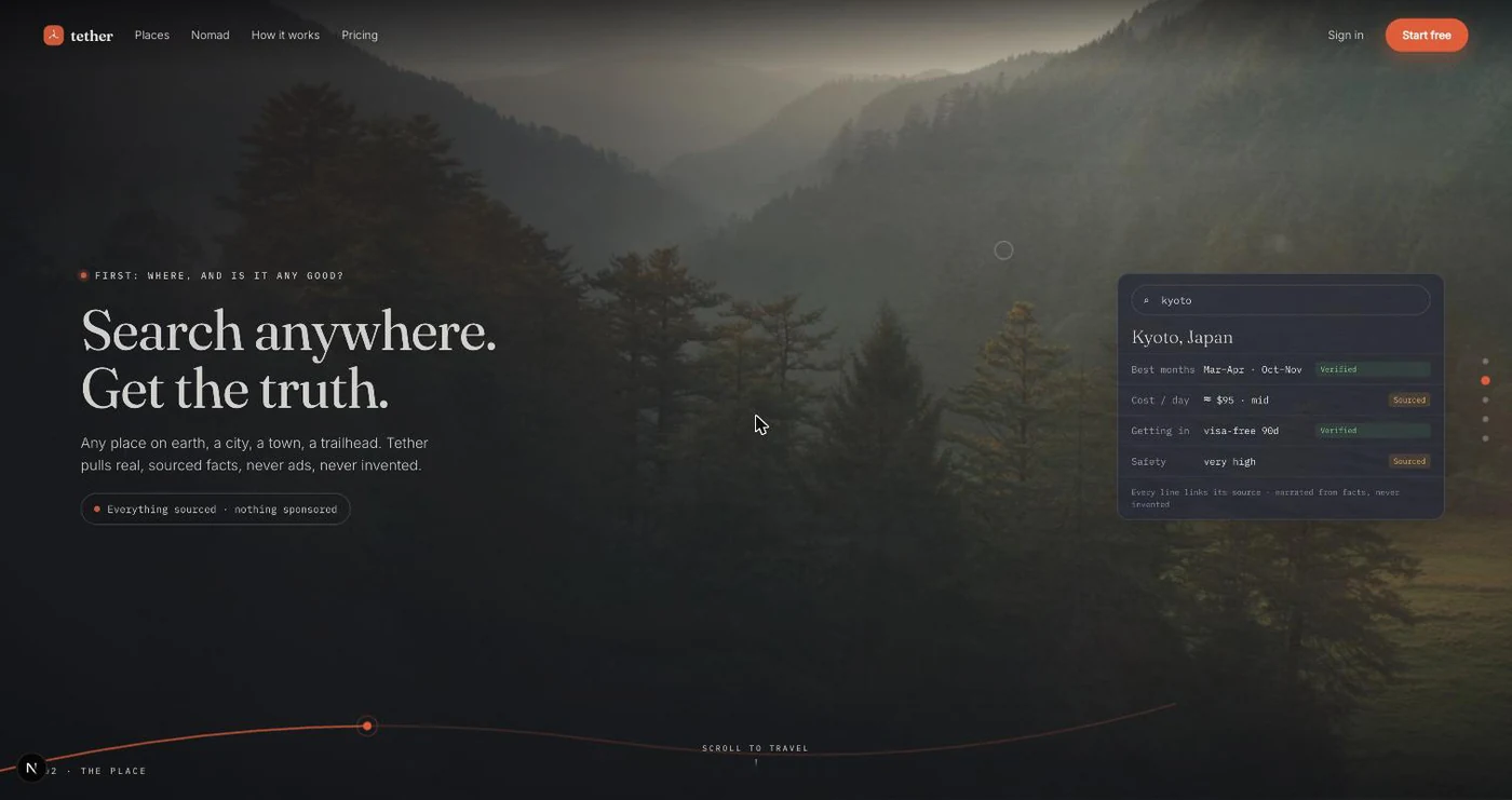 TETHER, the running app · search and a sourced place card